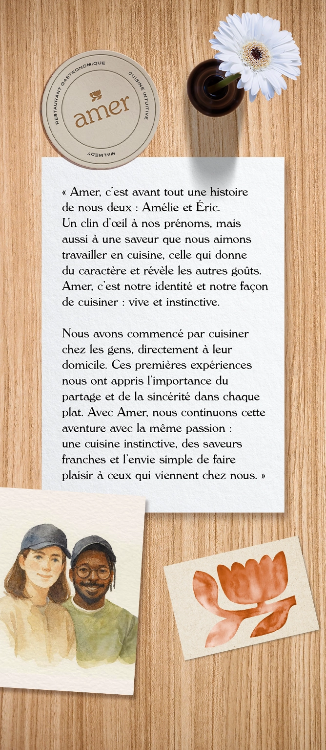 section qui sommes-nous : restaurant amer explication du nom, du couple et quelques photos